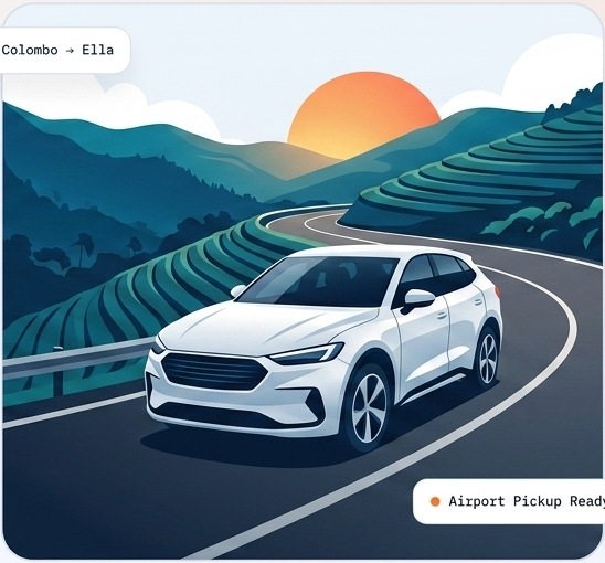 Illustration of a car driving a scenic mountain road through Sri Lanka's hill country at sunrise